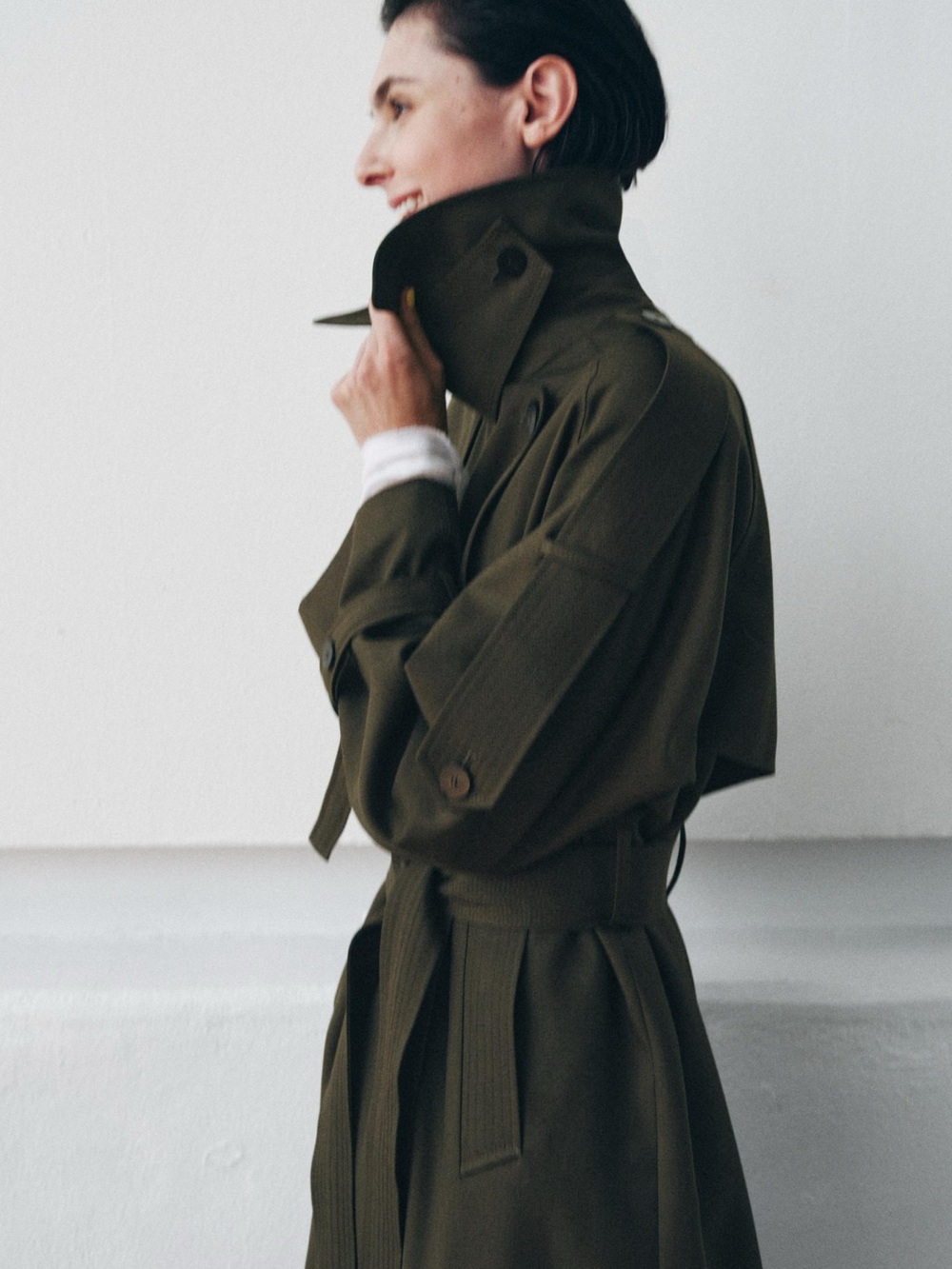 Zara Olive Trench Coat - Women's Oversized Long Coat - Picture 5 of 14